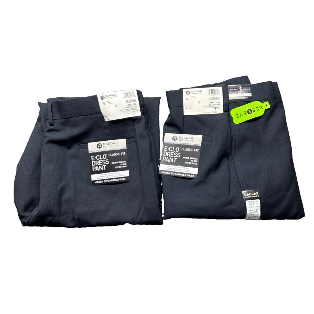 Haggar E-Clo Dress Pants 2 Pack Mens 38x34 Navy Classic Fit HD00218